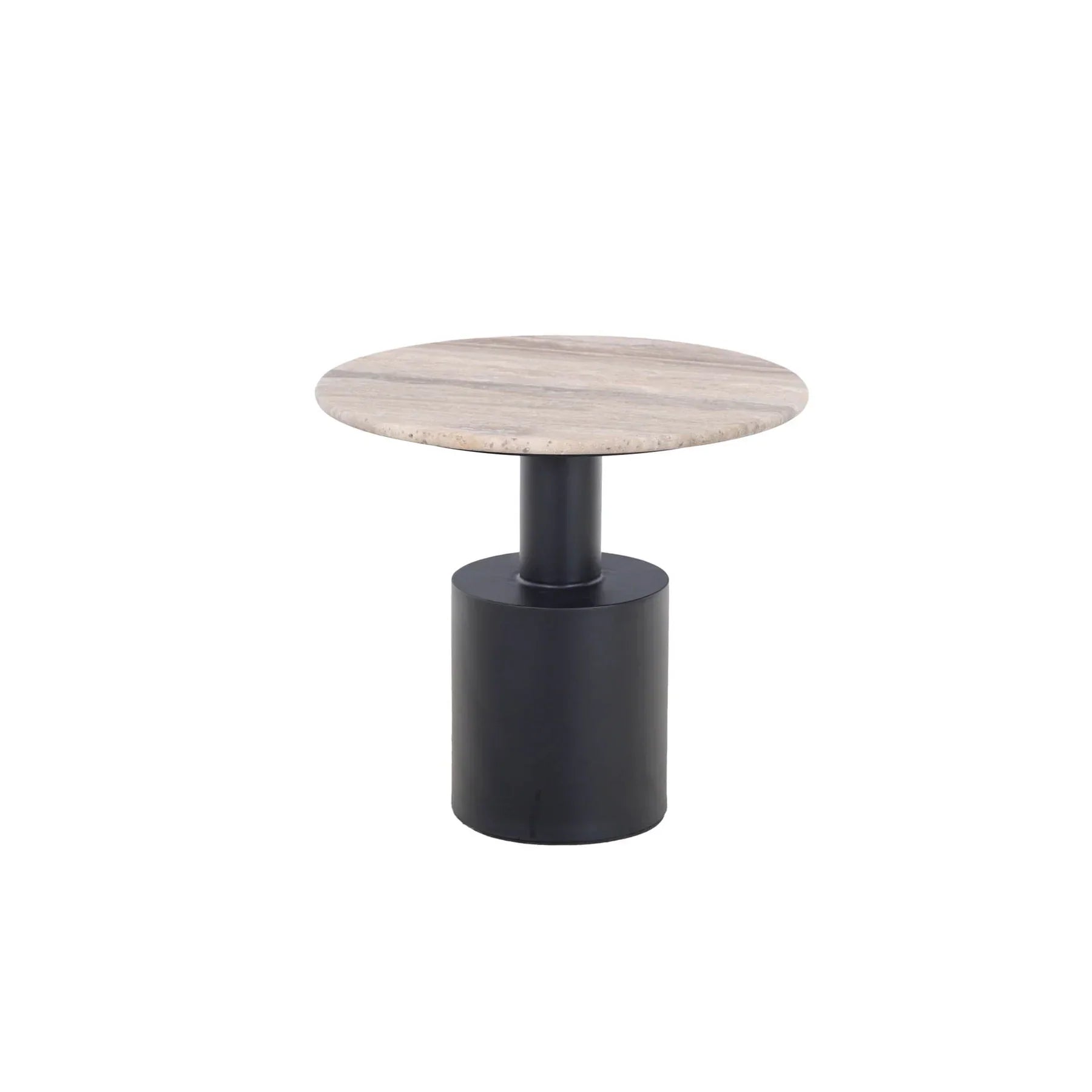 Three-quarter view of the Ocean side table featuring a circular travertine stone top and a bold black cylindrical pedestal base