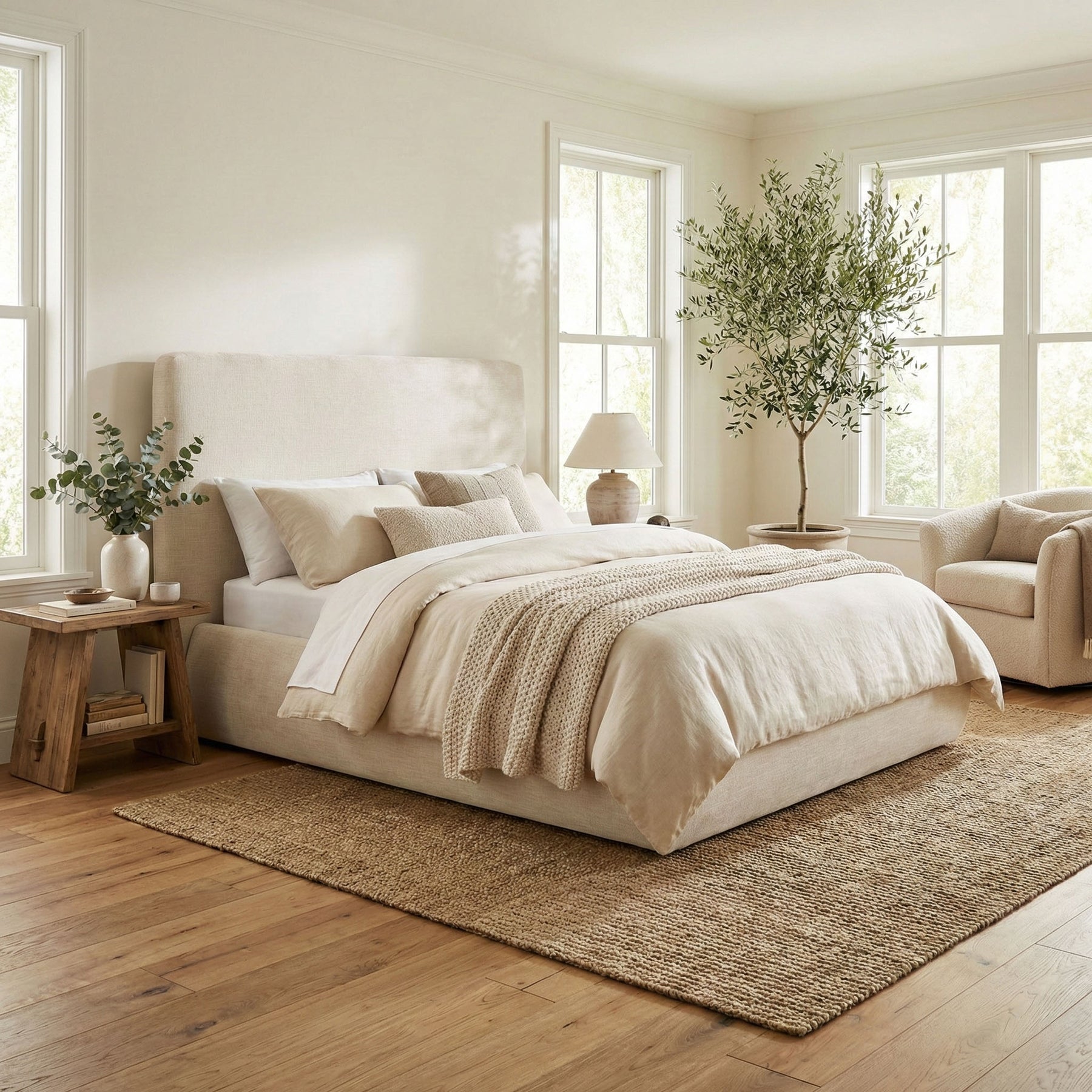 Oceana king bed in beige upholstery styled in a bright modern bedroom with neutral bedding and natural decor.