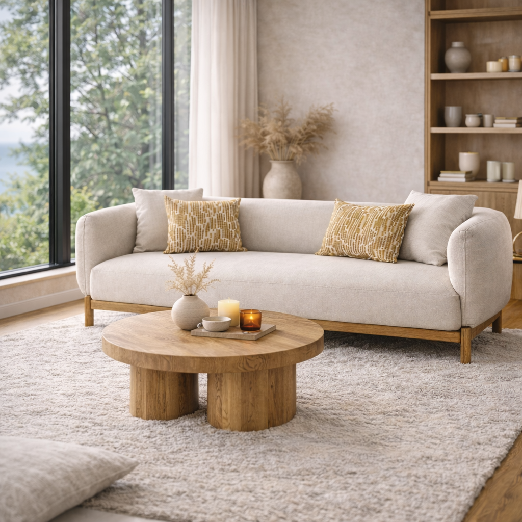 Odense sofa styled in a Scandinavian living room with neutral pillows, wooden coffee table, and soft textured rug near large window