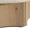 Close-up shot focusing on the vertical fluting and natural grain of the wood pedestal base