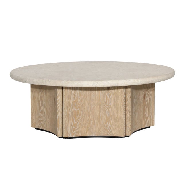Front view of the Oja coffee table featuring a circular cream stone top and a natural fluted wood pedestal base