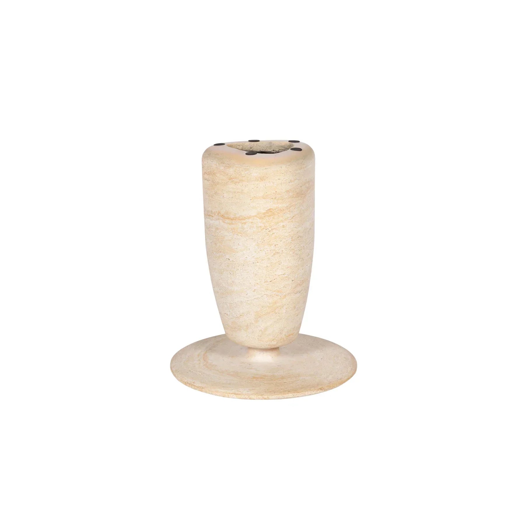 Three-quarter view of the Olympia side table featuring a circular stone top and a thick rounded pedestal base in warm cream travertine