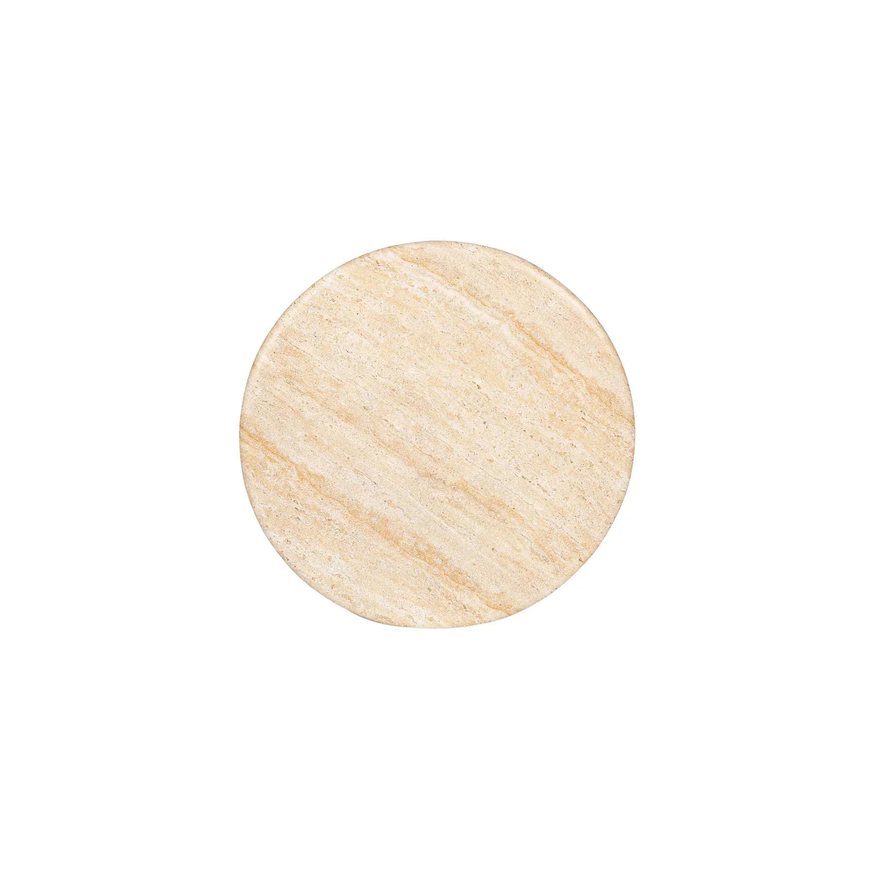 Three-quarter view of the Olympia side table featuring a circular stone top and a thick rounded pedestal base in warm cream travertine