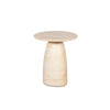 Side perspective view highlighting the seamless connection between the round tabletop and the sturdy stone pedestal support