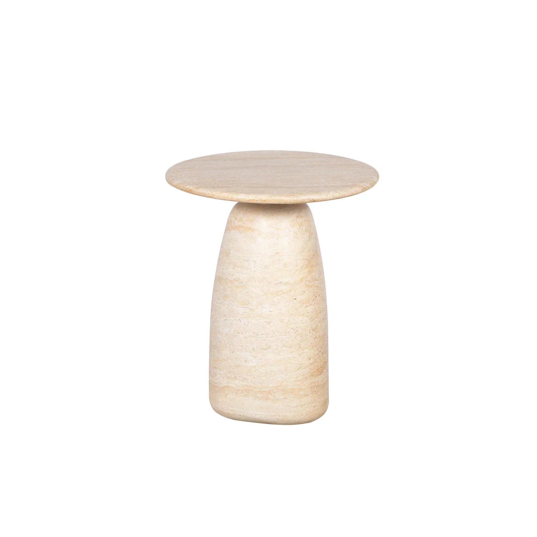 Three-quarter view of the Olympia side table featuring a circular stone top and a thick rounded pedestal base in warm cream travertine