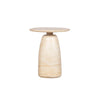 Straight-on front view showcasing the smooth cylindrical base and organic multi-tonal beige patterns of the travertine stone