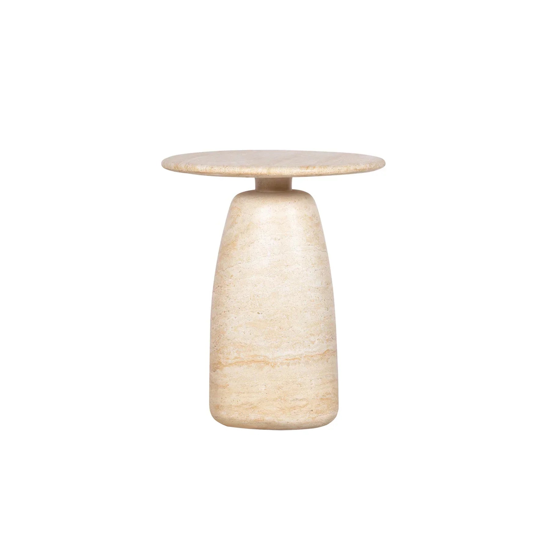 Three-quarter view of the Olympia side table featuring a circular stone top and a thick rounded pedestal base in warm cream travertine