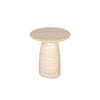 Straight-on view showcasing the elegant silhouette and natural mineral variations of the cream travertine pedestal