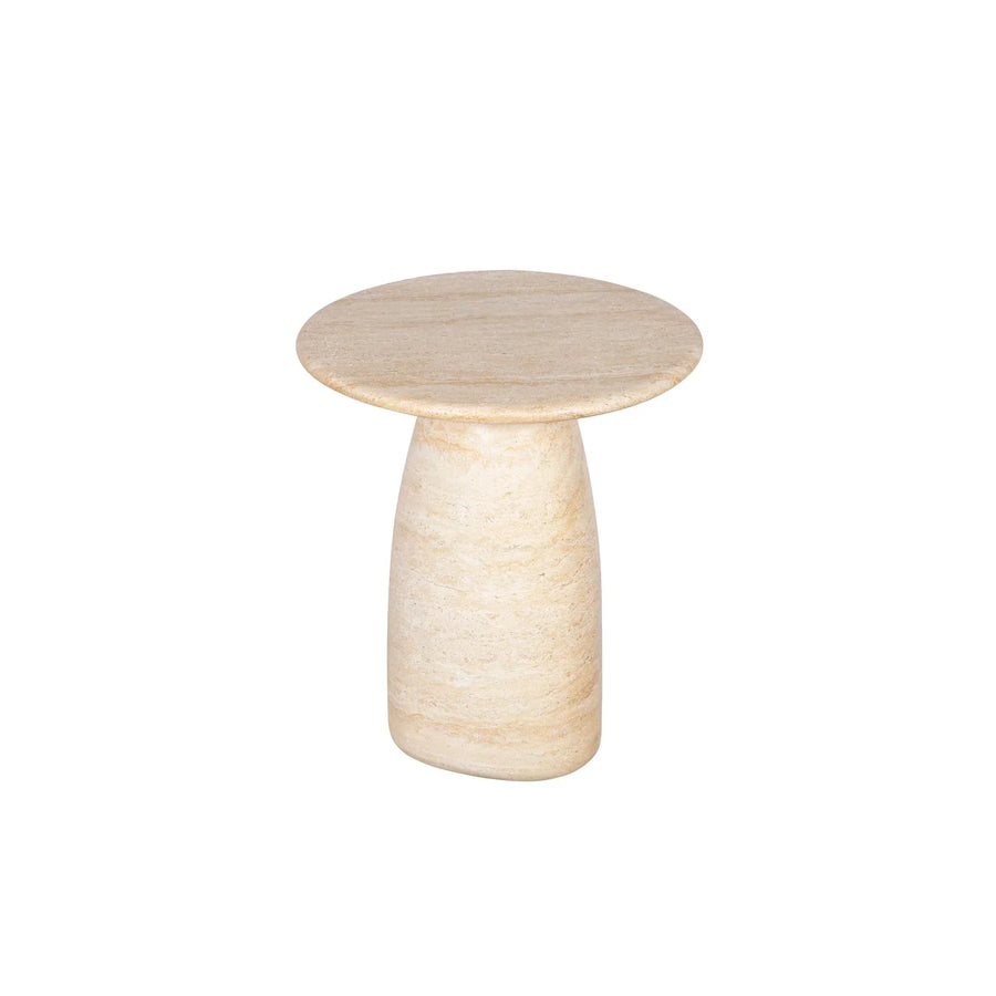 Straight-on view showcasing the elegant silhouette and natural mineral variations of the cream travertine pedestal