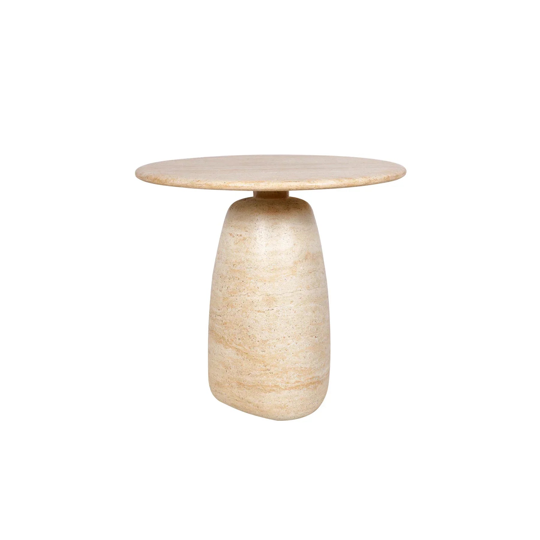 Three-quarter view of the Olympia side table featuring a circular stone top and a thick rounded pedestal base in warm cream travertine