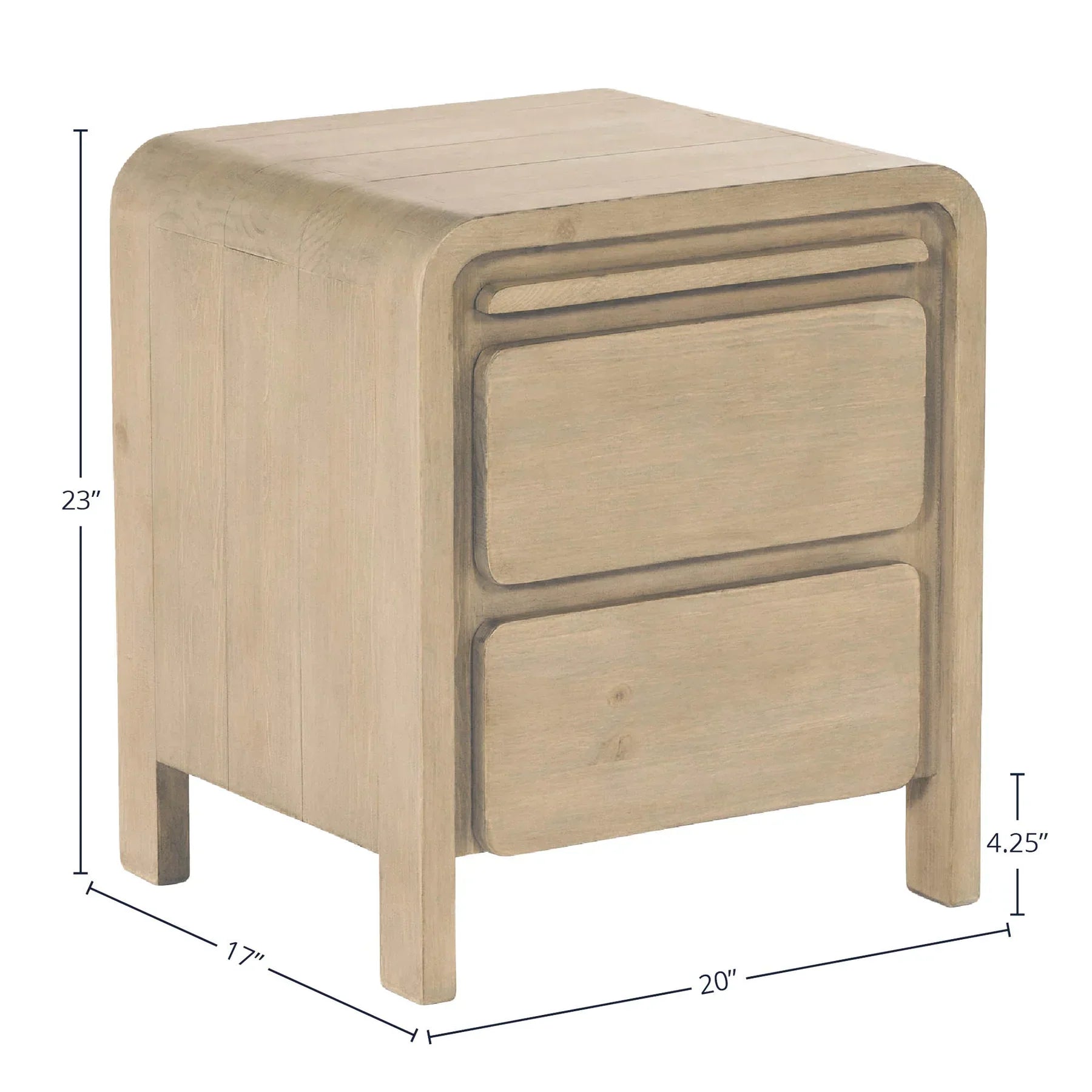 Front view of the Opera nightstand in a sand oak finish featuring unique rounded architectural edges and two spacious storage drawers