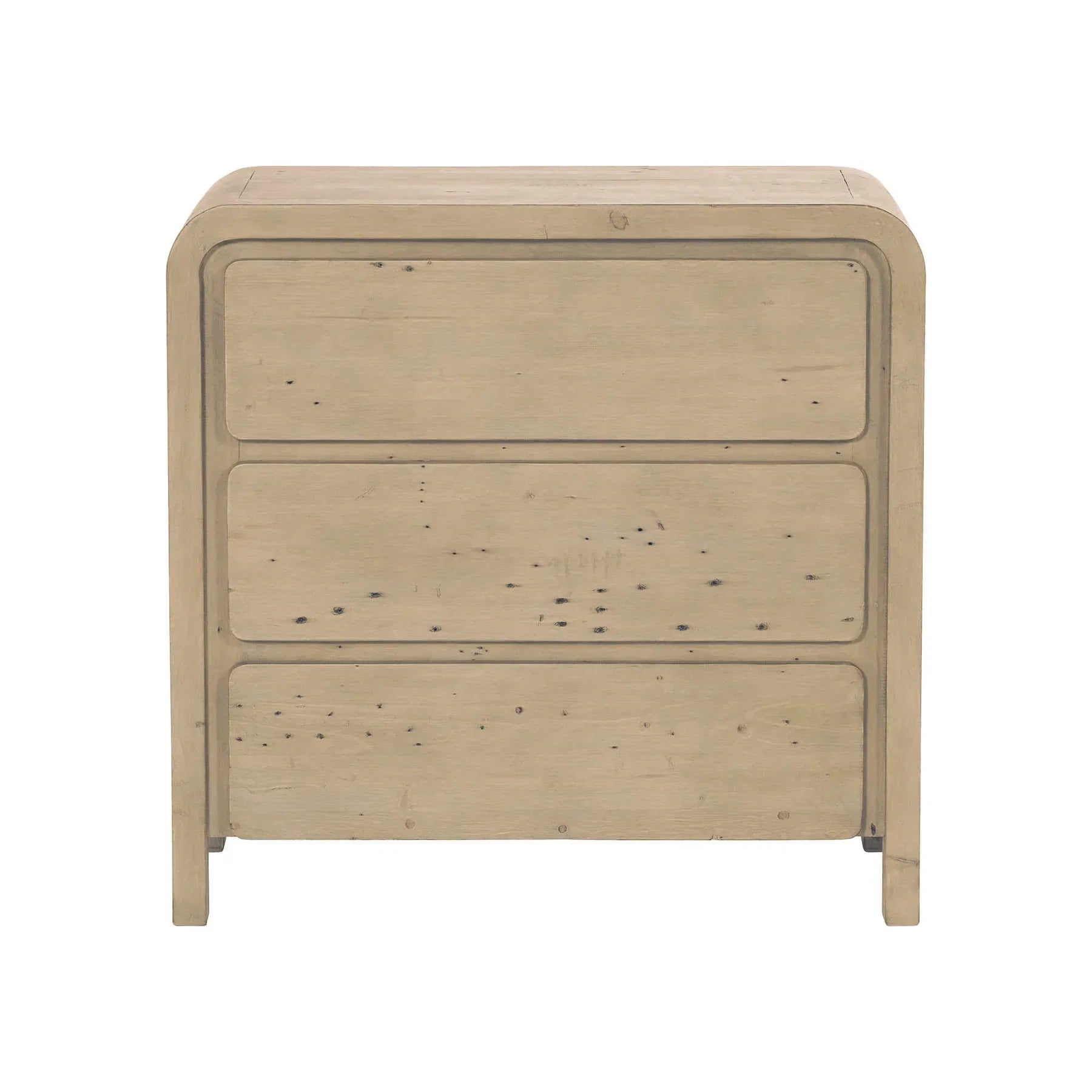 Front view of the Opera 3-drawer small chest in a light natural wood finish featuring rounded corner edges and a minimalist handle-free design