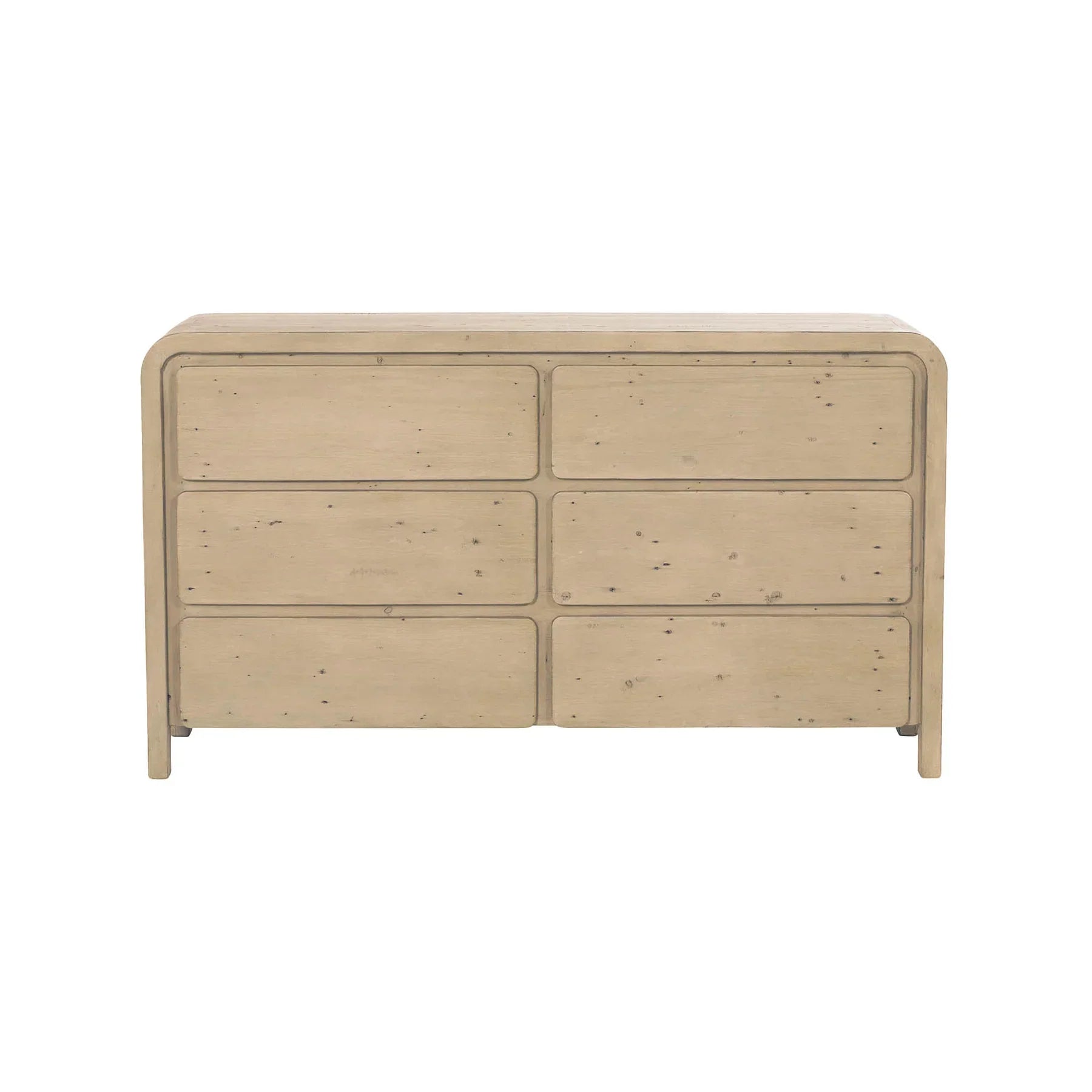 Front view of the Opera 6-drawer double dresser in a light natural wood finish featuring rounded corner edges and a minimalist handle-free design