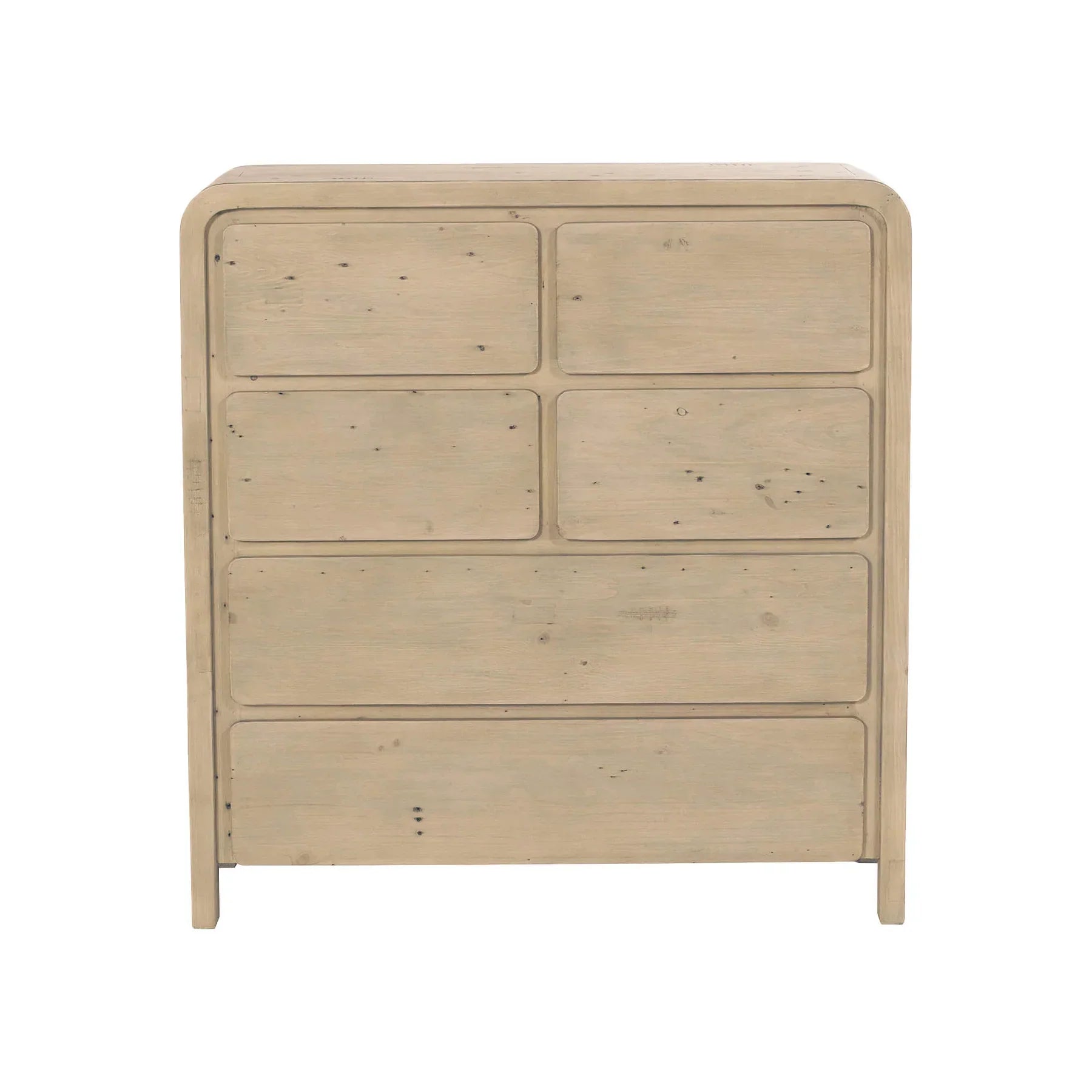 Front view of the Opera 6-drawer vertical chest featuring a light natural wood finish, rounded corner edges, and a seamless handle-free design