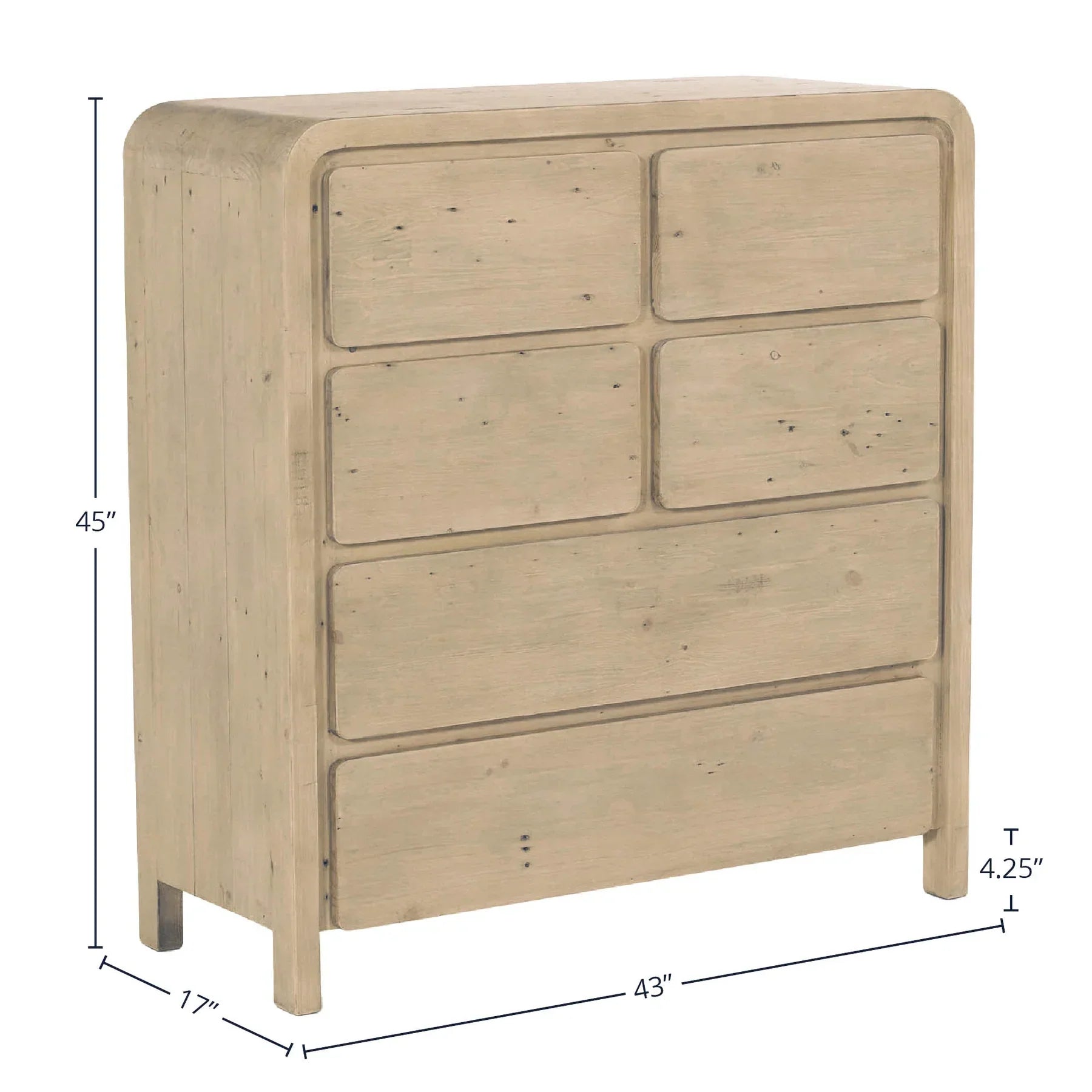 Technical diagram indicating a 45-inch total height, 43-inch width, and 17-inch depth for the vertical chest