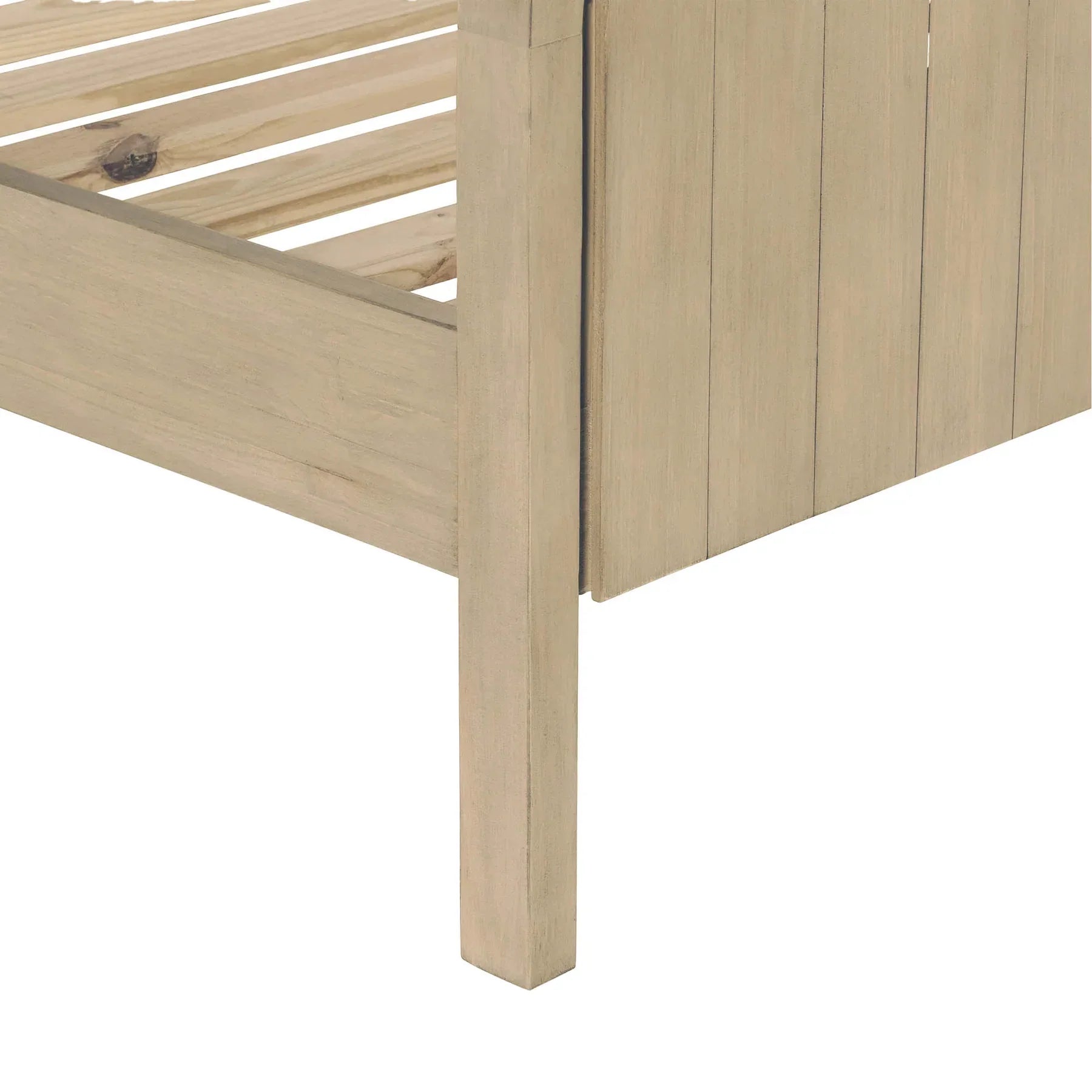 Detailed view highlighting the sturdy solid wood leg construction and precise frame joinery of the light oak bed