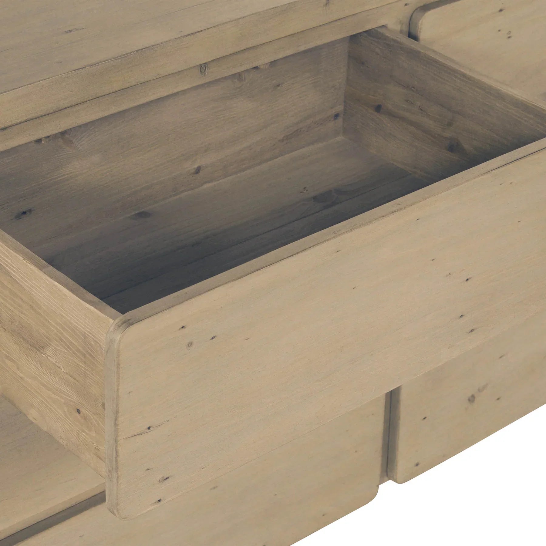 Close-up perspective inside an open drawer highlighting the authentic wood texture and precision structural joinery