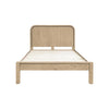 Front view of the Opera platform bed featuring a light oak wood finish and a modern rounded-corner headboard