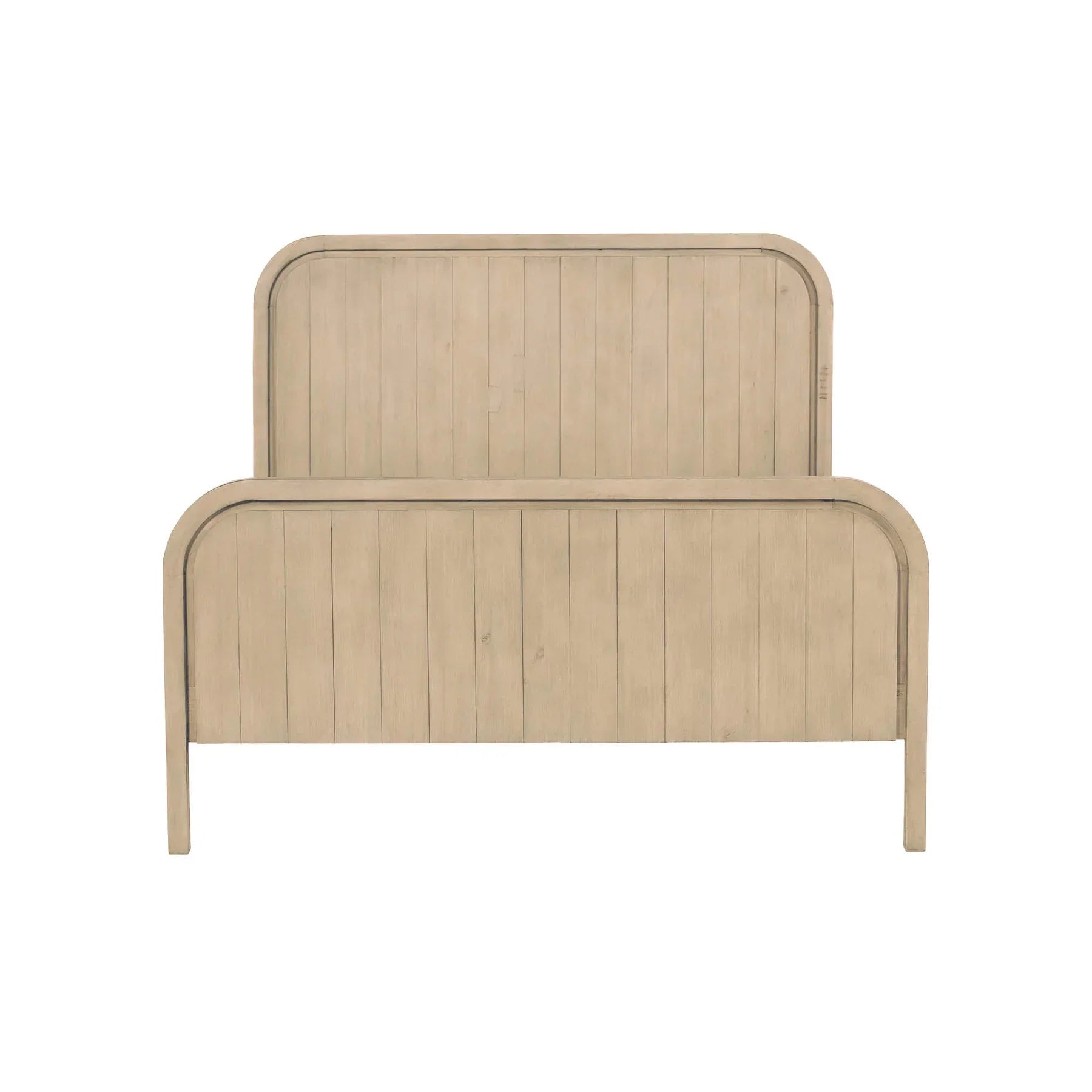 Front view of the Opera platform bed featuring a light oak wood finish with a matching rounded-corner headboard and footboard