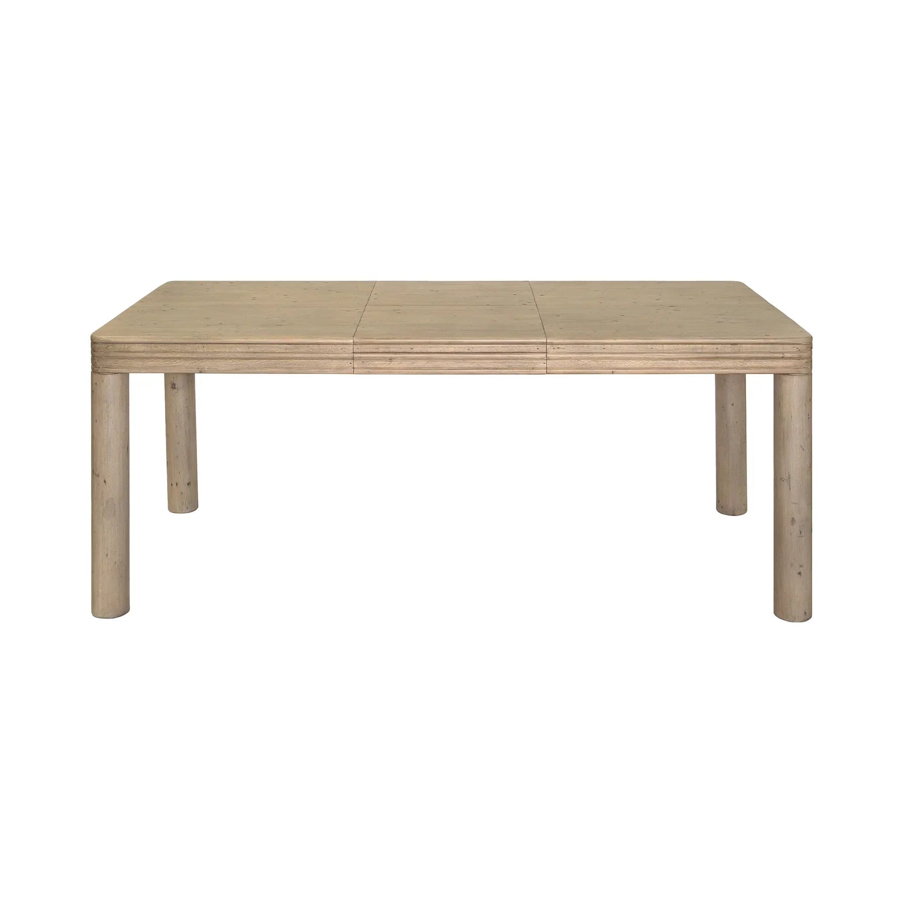 Front view of the Opera extension dining table in a light wood finish featuring thick cylindrical ribbed legs