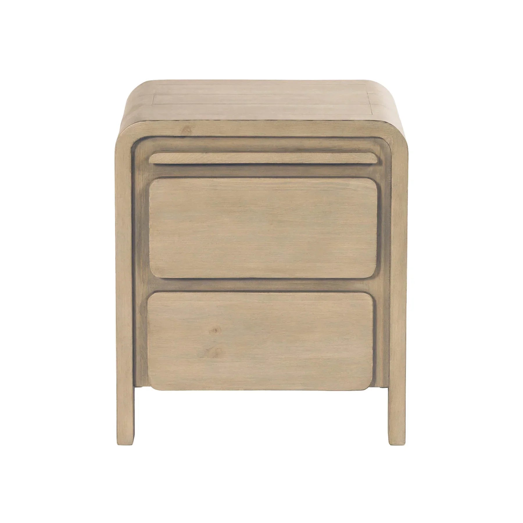 Front view of the Opera nightstand in a sand oak finish featuring unique rounded architectural edges and two spacious storage drawers