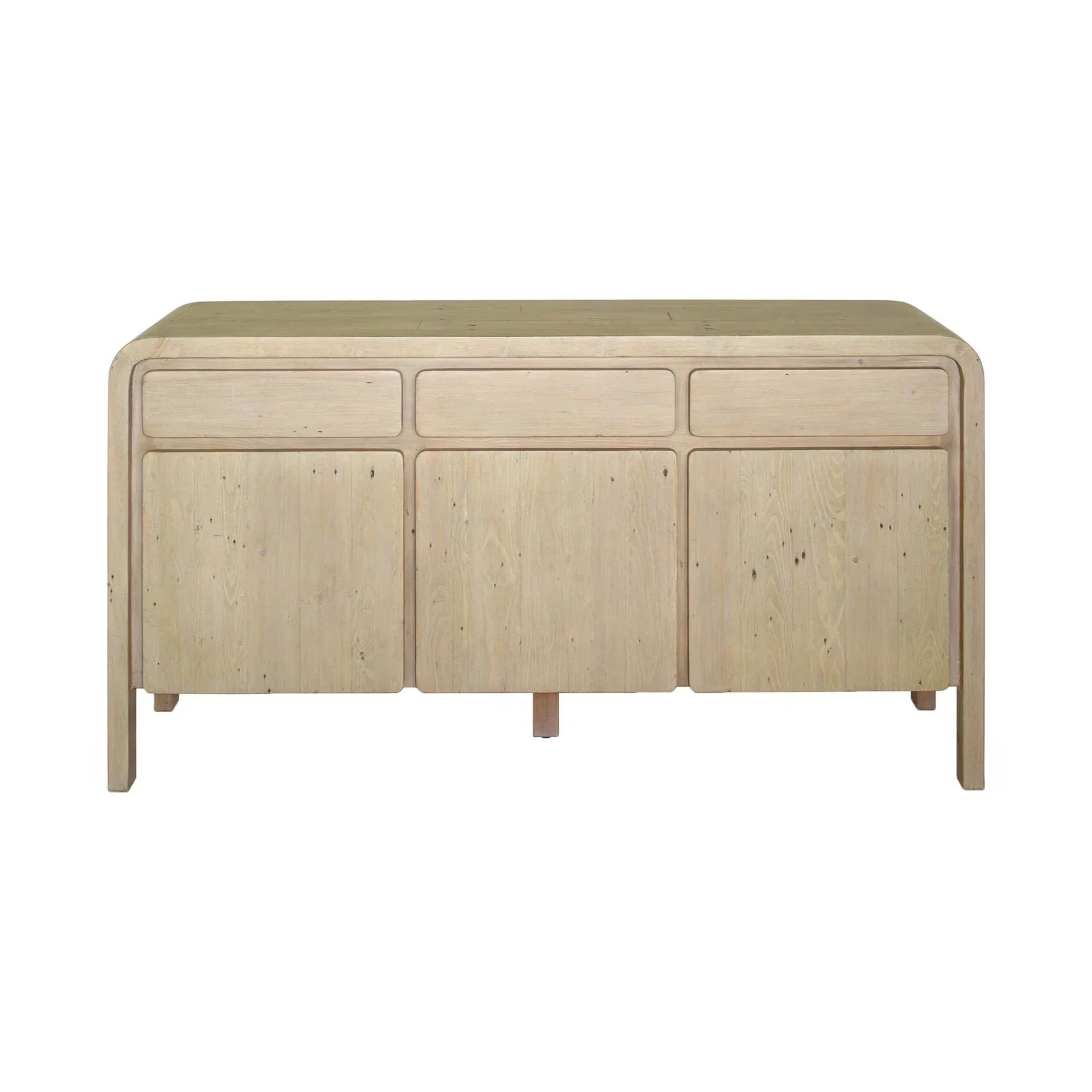 Front perspective view of the Opera sideboard featuring a light oak finish with three top drawers three lower cabinets and elegant rounded corner frame details