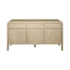 Front perspective view of the Opera sideboard featuring a light oak finish with three top drawers three lower cabinets and elegant rounded corner frame details
