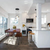 Front-facing view of the Organic bench styled with a matching dining table highlighting the industrial hairpin leg aesthetic
