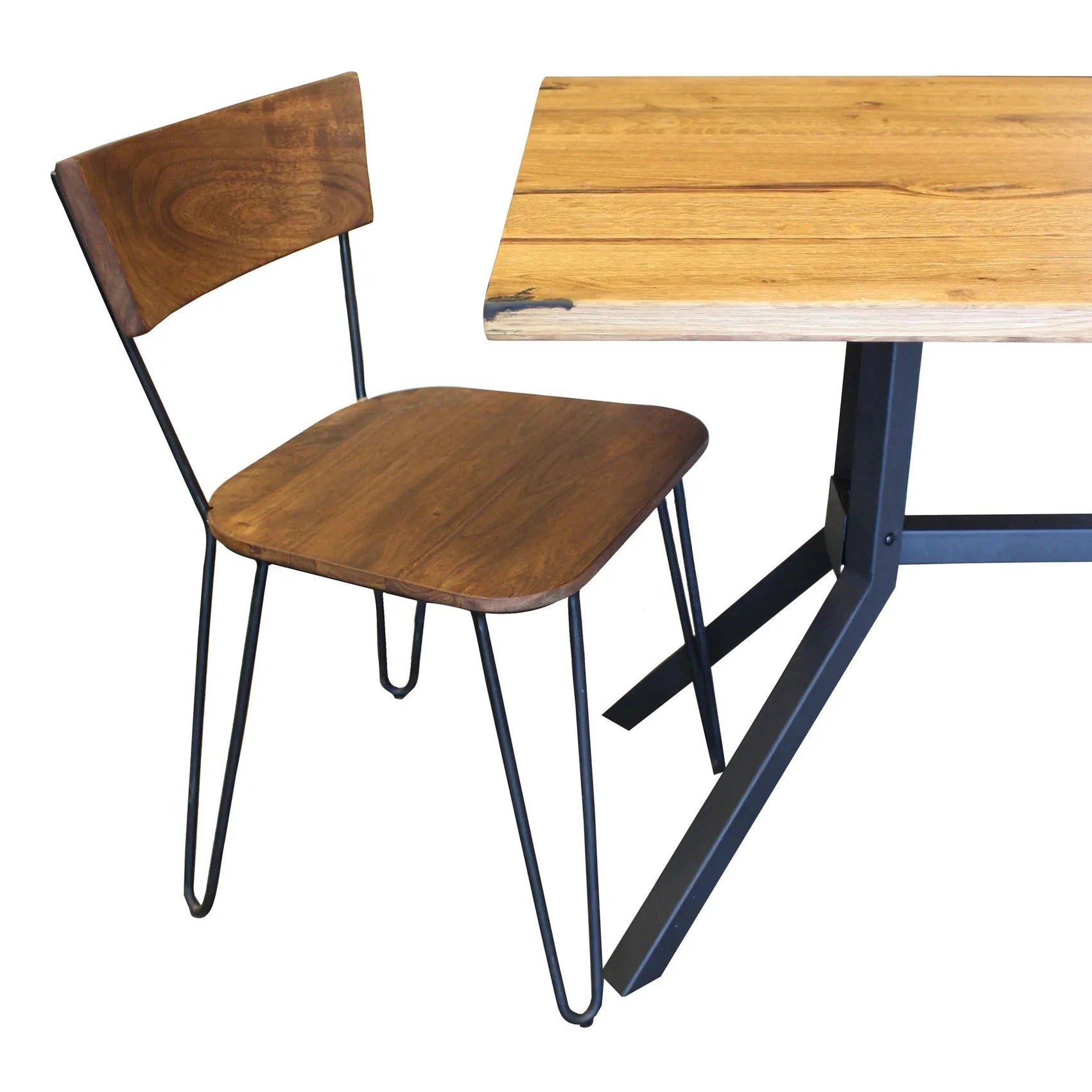 Front view of the Organic chair featuring a solid wood seat and backrest with black metal hairpin legs