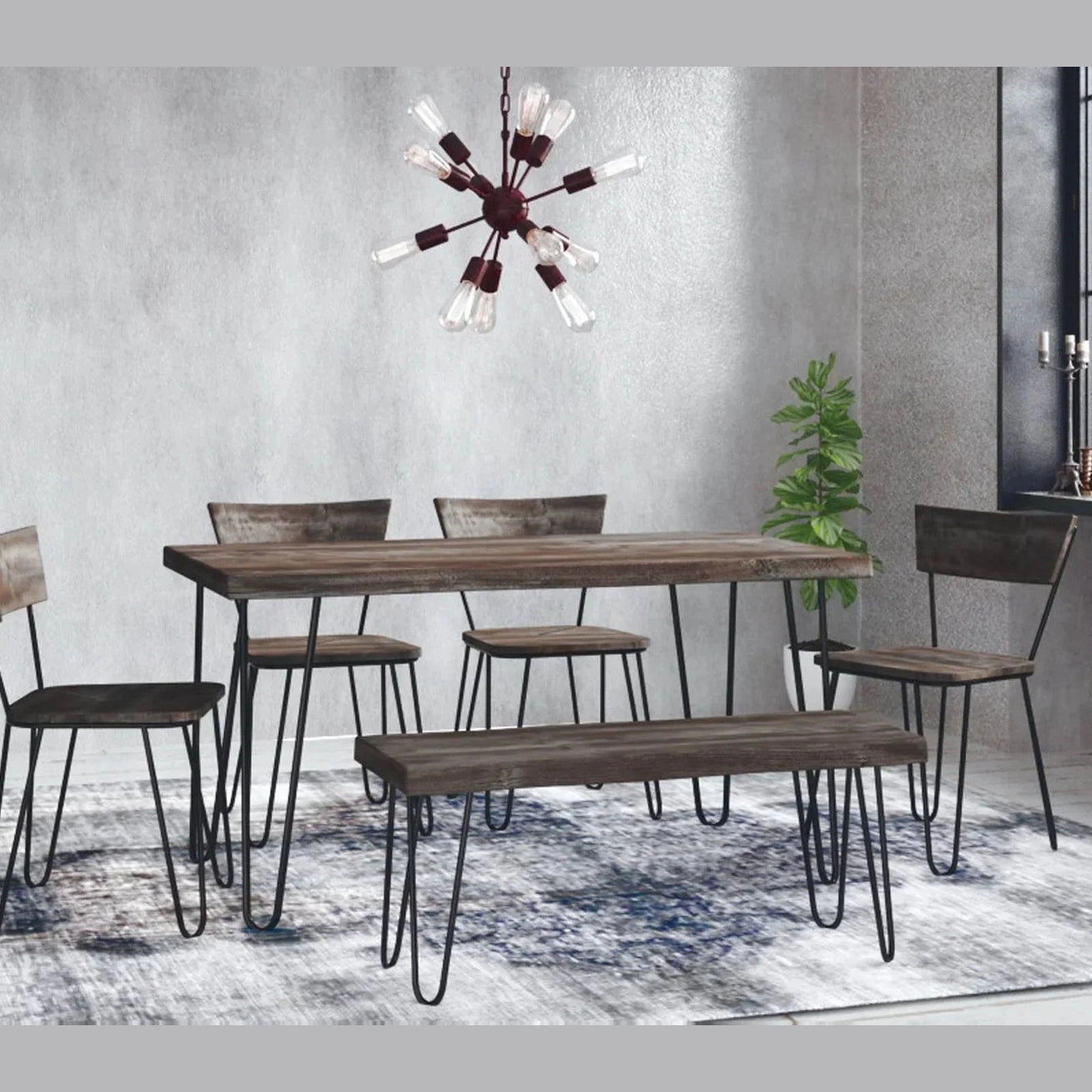 Front view of the Organic chair featuring a solid wood seat and backrest with black metal hairpin legs