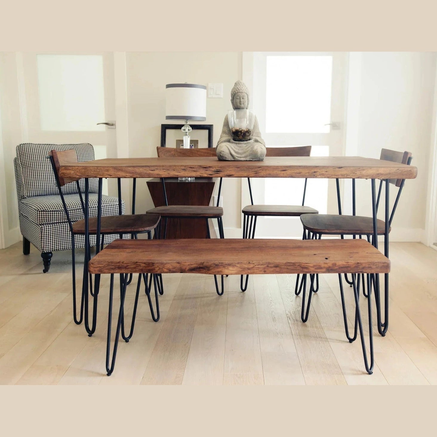 Front three-quarter view of the Organic bench featuring a matte brown live-edge wood top and black metal hairpin legs