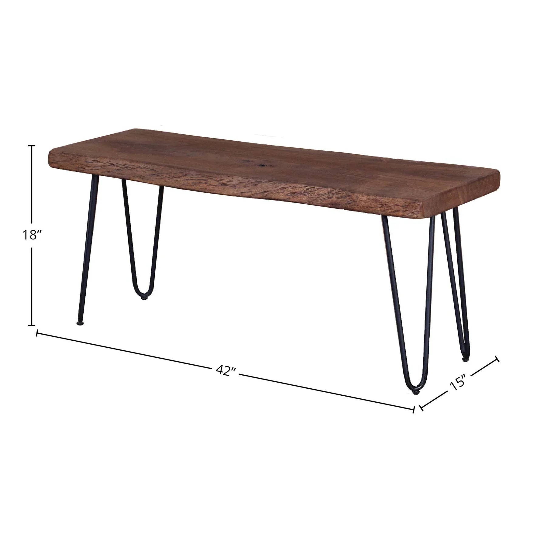 Front three-quarter view of the Organic bench featuring a matte brown live-edge wood top and black metal hairpin legs