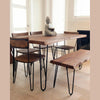 Detailed shot of the Organic bench tucked under a matching wood table showcasing its slim and versatile profile