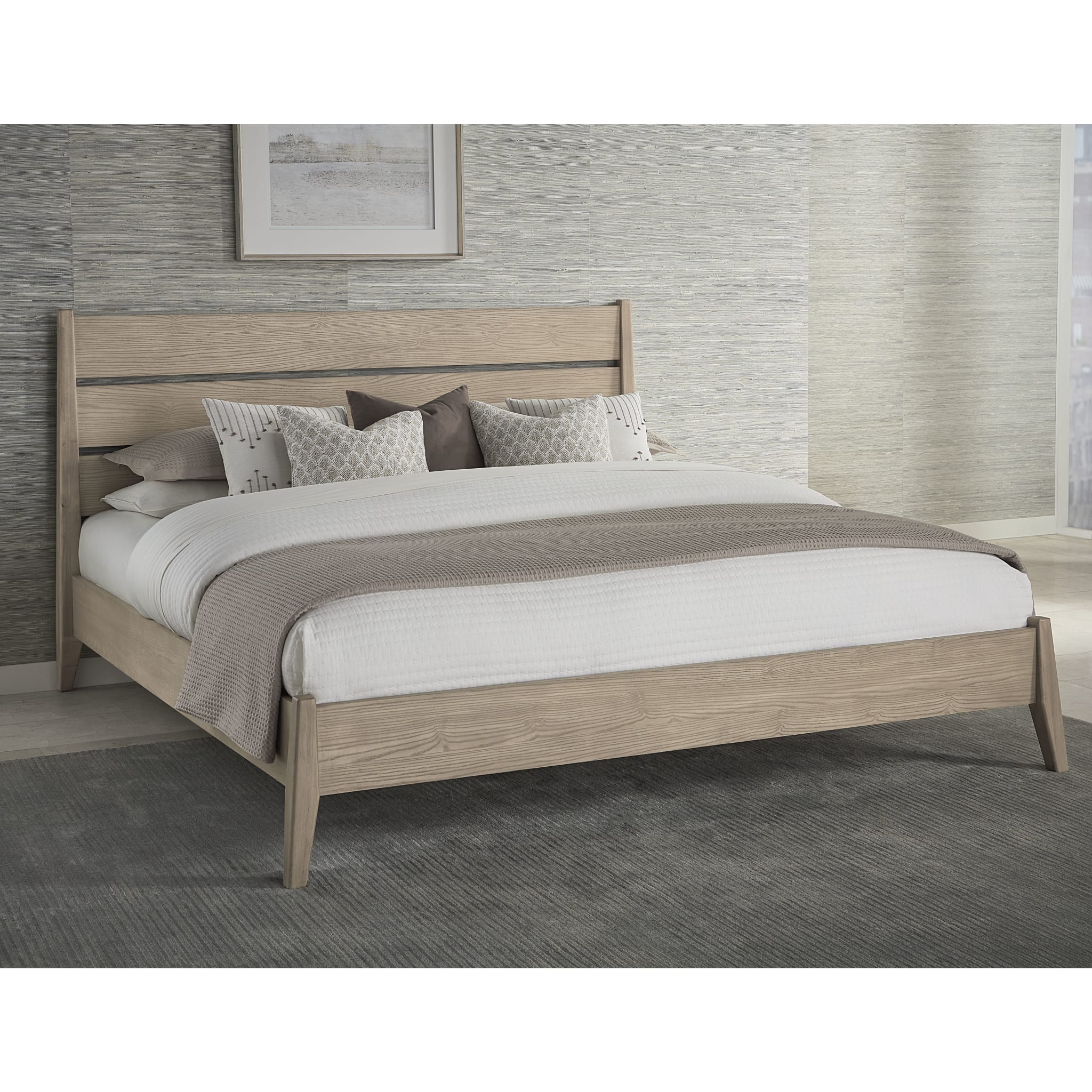 Final lifestyle perspective featuring the bed styled with plush gray bedding in a warm contemporary room setting