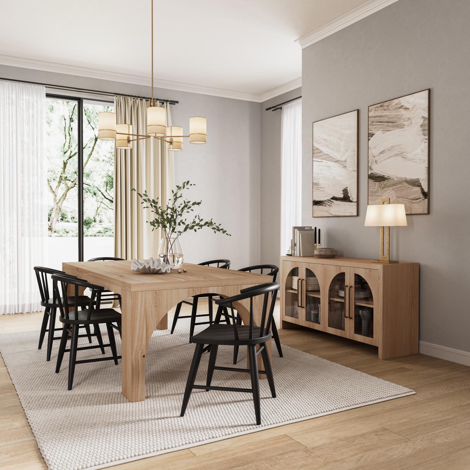 Three-quarter perspective view of the Archimedes 60-inch console featuring natural oak wood construction, four arched glass doors, and elegant long gold handles