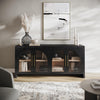 Lifestyle shot featuring the Archimedes ebony console styled in a contemporary space with textured decor and a designer rug