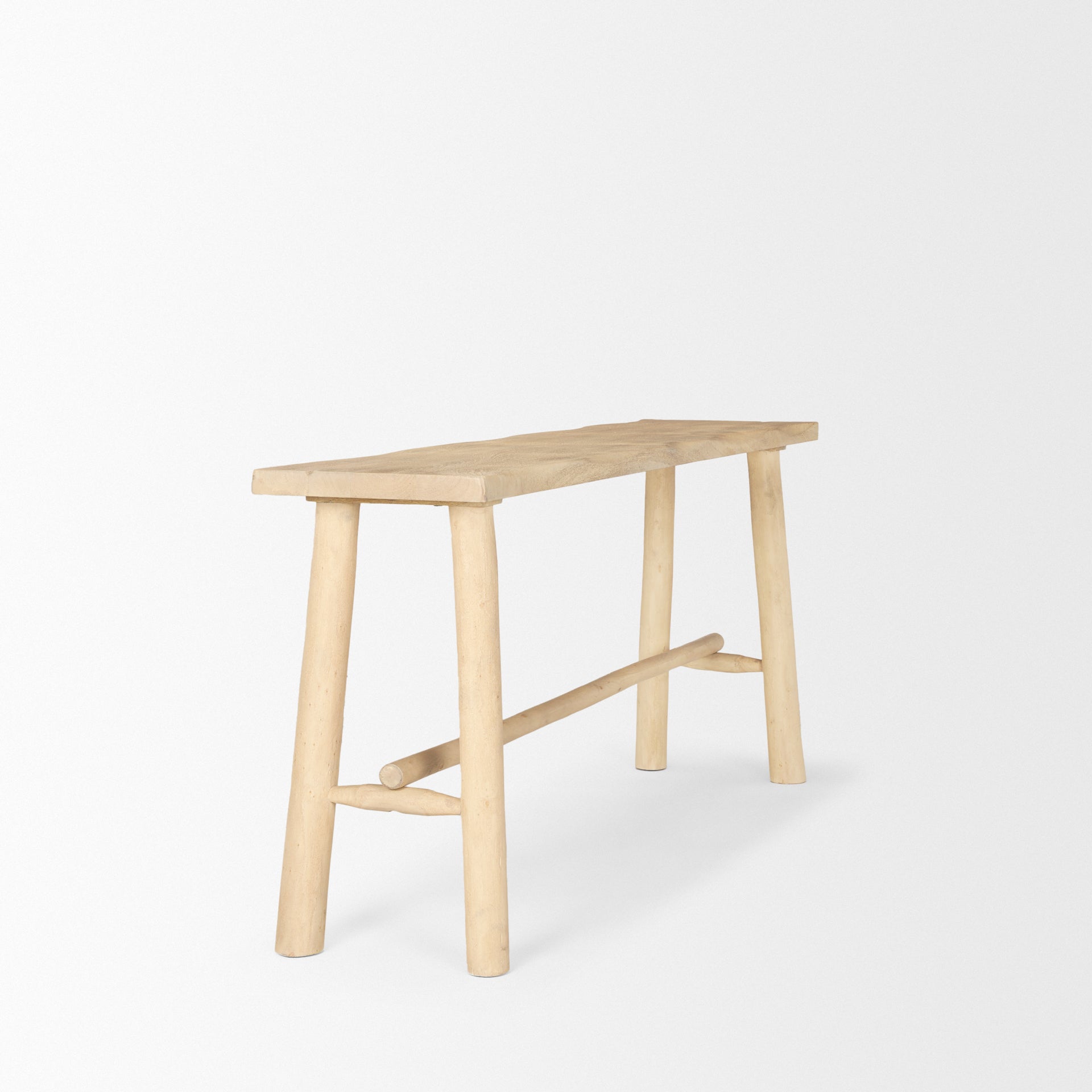 Front view of the Sekou console table in light brown natural wood featuring a minimalist craftsman design and organic tapered legs