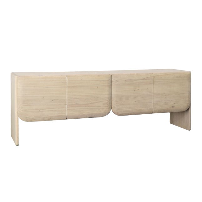 Three-quarter perspective view highlighting the seamless wood grain construction and the unique recessed plinth-style leg base