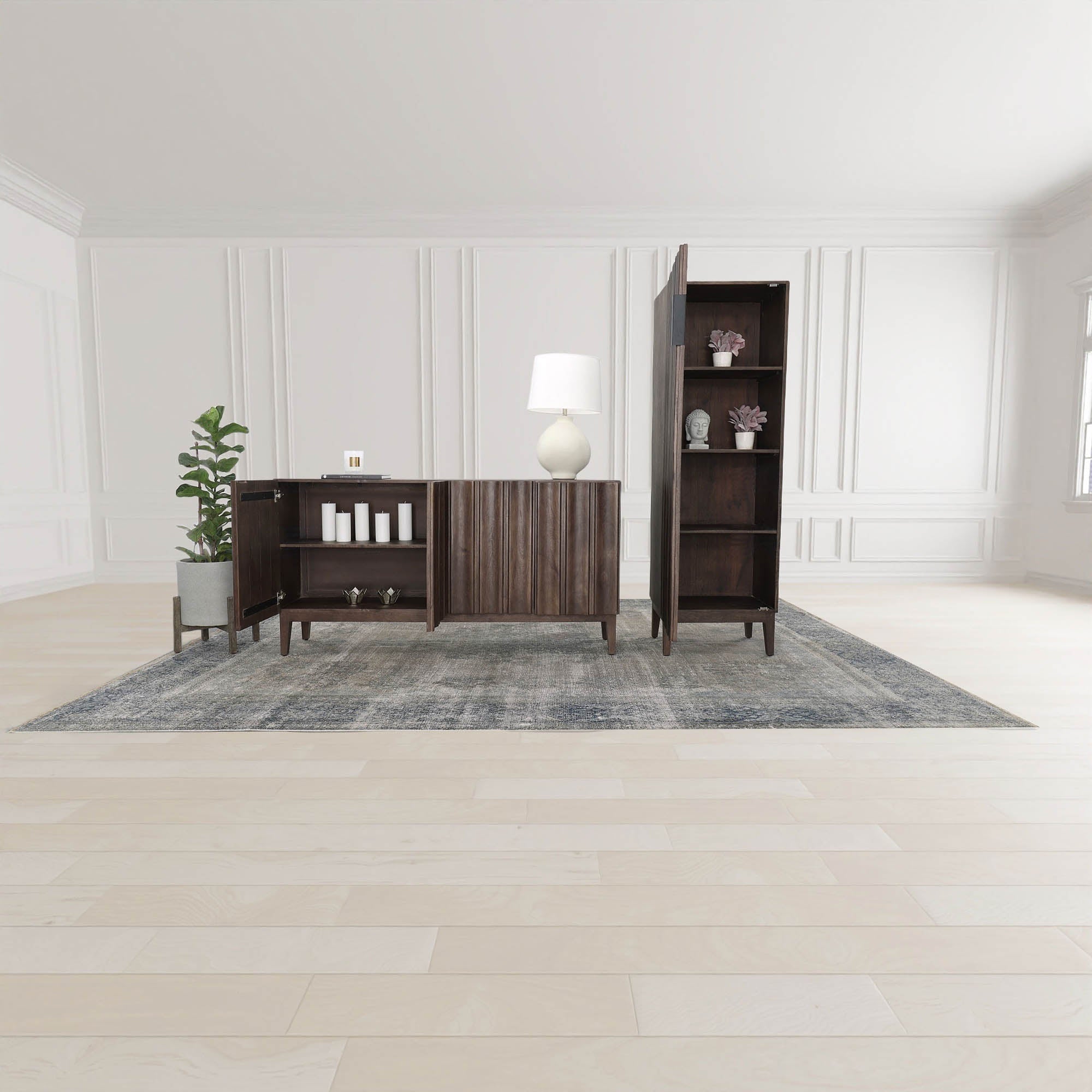 Straight-on front view highlighting the symmetrical vertical fluting and the seamless hardware-free aesthetic of the dark wood cabinet