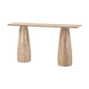 Three-quarter perspective view highlighting the thick solid wood tabletop and smooth tapered pillar legs
