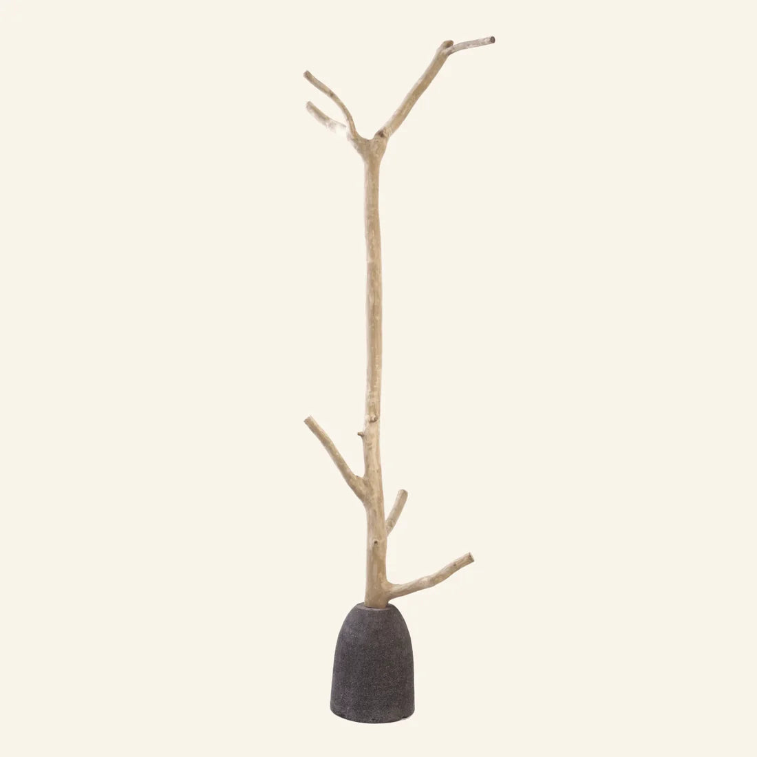 Front perspective view of the Robinson coat rack showcasing the unique natural wood branch structure and sturdy tapered stone base