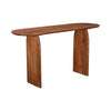 Three-quarter perspective view highlighting the thick solid wood construction and smooth curved edges of the console table