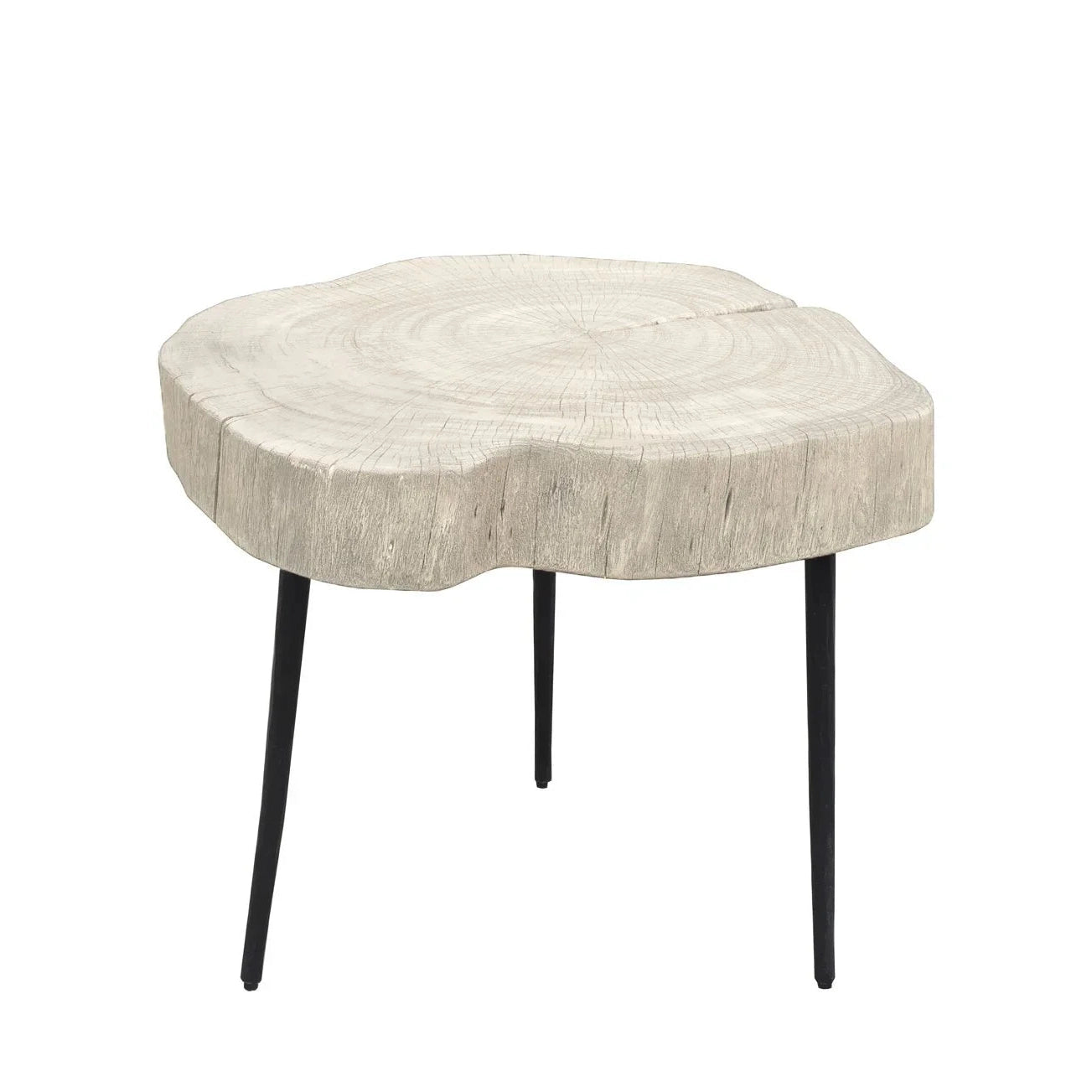 Front view of the Organic Trunk side table featuring a thick white-washed faux wood slab top with natural ring textures on three slim black metal legs