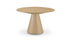 Front view of the 54 inch Otago round dining table in a light natural oak finish with a minimalist conical pedestal base