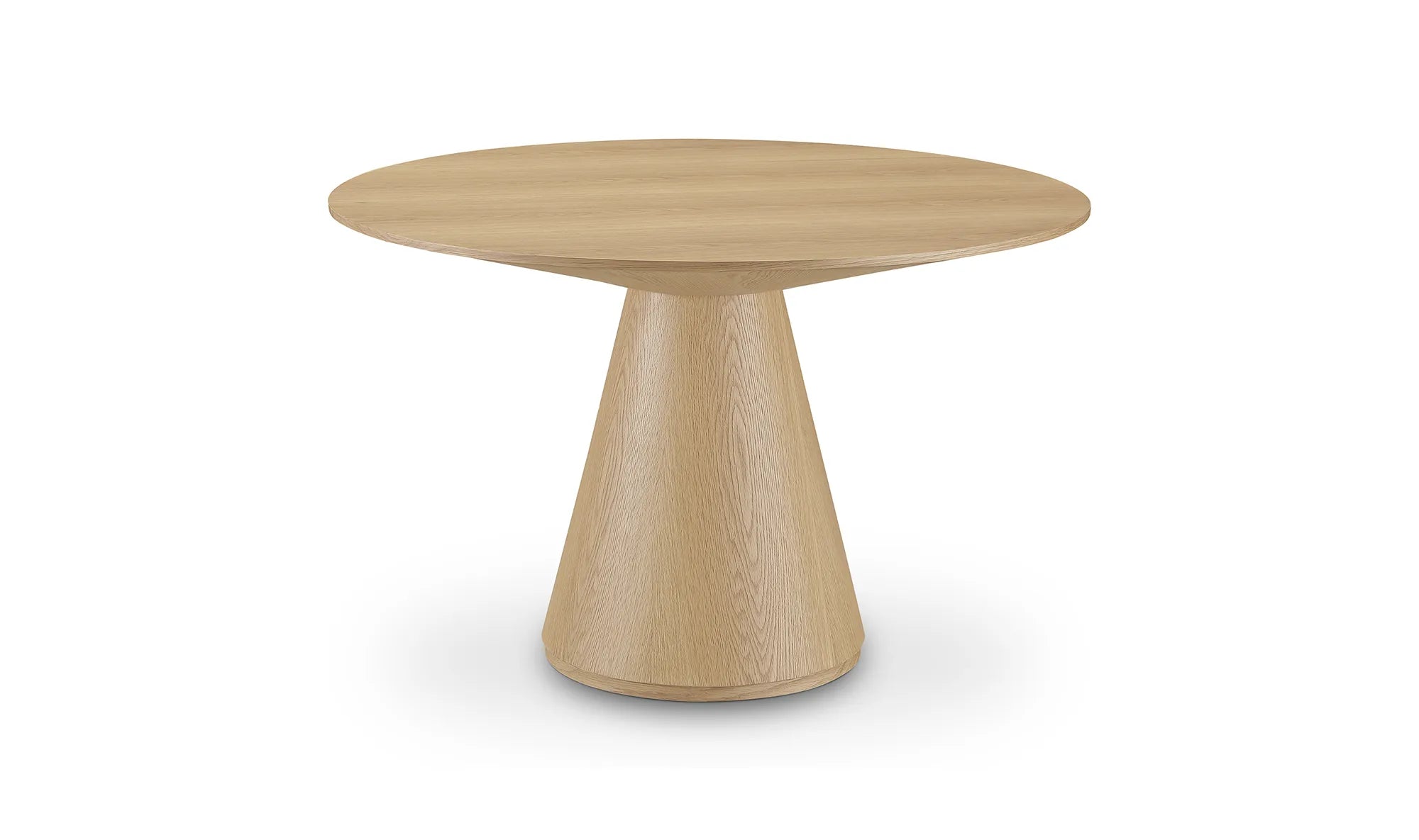 Front view of the 54 inch Otago round dining table in a light natural oak finish with a minimalist conical pedestal base