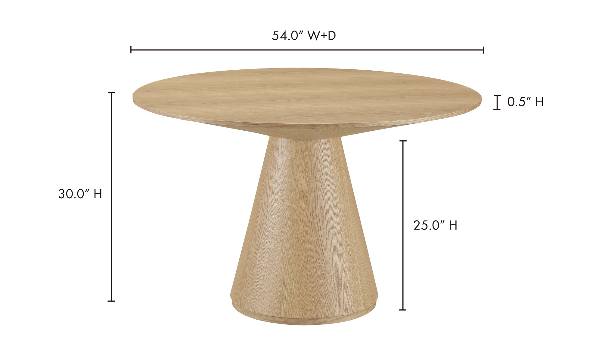 Front view of the 54 inch Otago round dining table in a light natural oak finish with a minimalist conical pedestal base