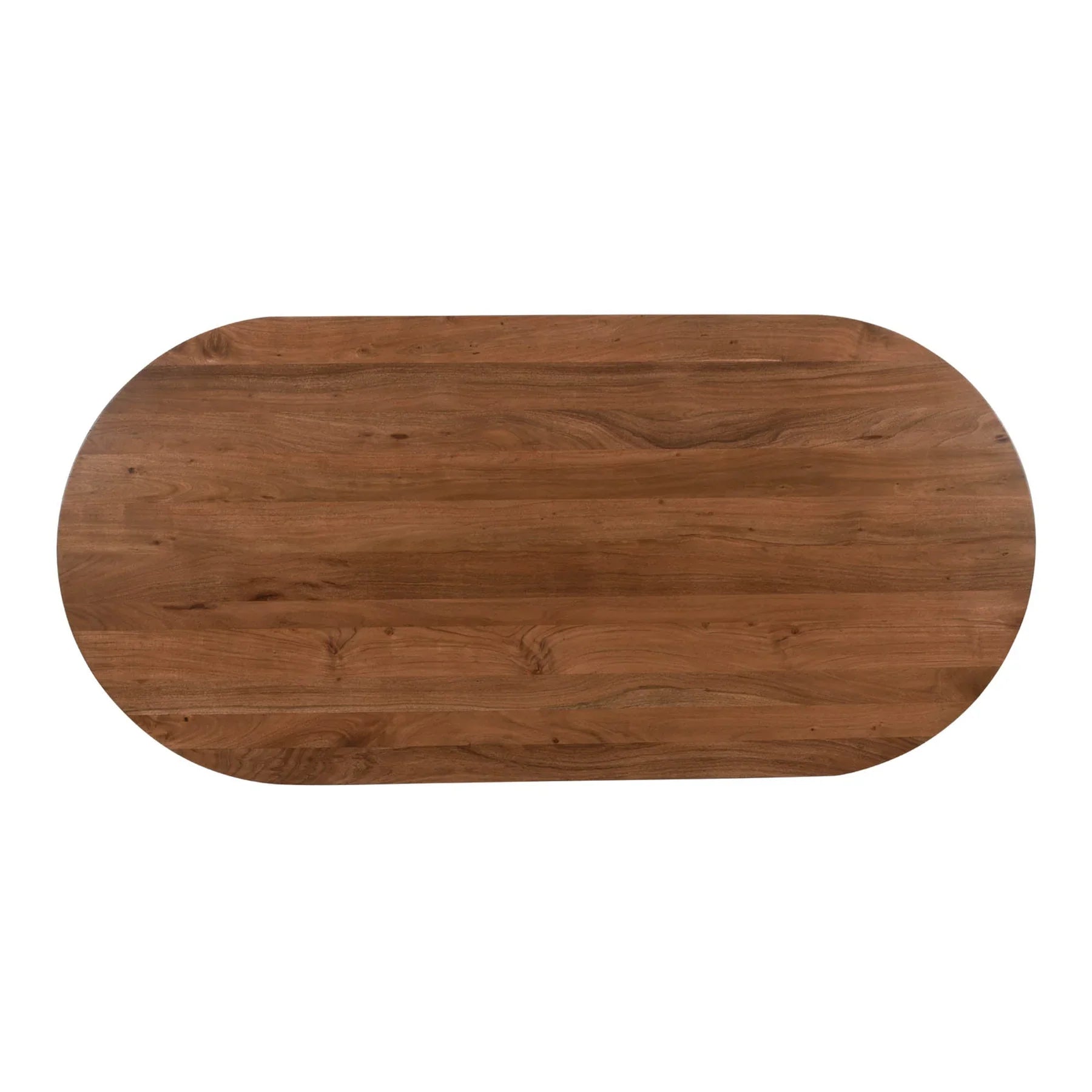 Front view of the Domingo oval dining table featuring a rich walnut finish and elegant curved pedestal leg supports