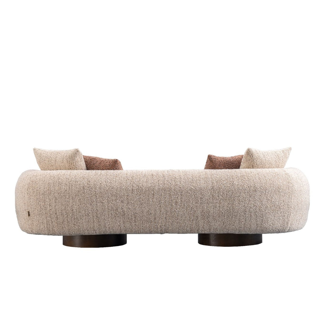 Ovolo 3-Seater Curved Sofa in beige textured fabric with rounded arms, wooden accents, and modern sculptural base