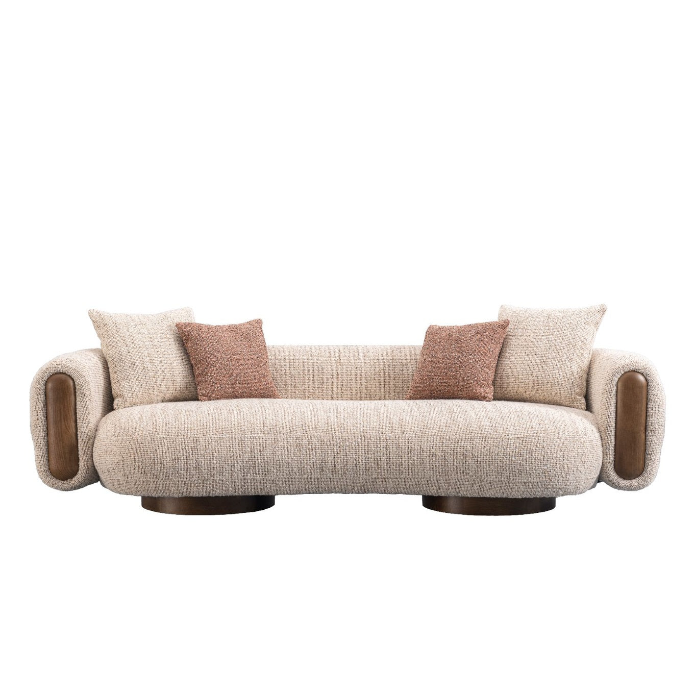 Ovolo 3-Seater Curved Sofa in beige textured fabric with rounded arms, wooden accents, and modern sculptural base