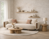 Ovolo 3-Seater Curved Sofa in beige textured fabric styled in a modern neutral living room with wooden coffee table and minimalist decor